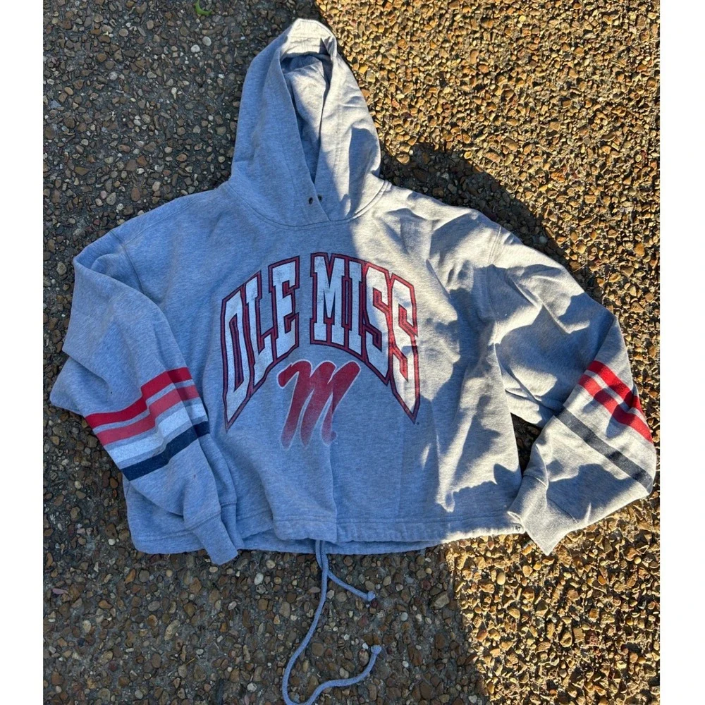 '47 Brand Ole Miss Rebels Hoodie Women XL‎ Grey Good Cropped Striped Sleeve
